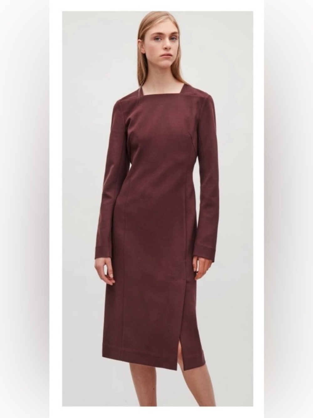 COS || Long Sleeve Square Neck Midi Dress with Slit Burgundy Maroon 8‎